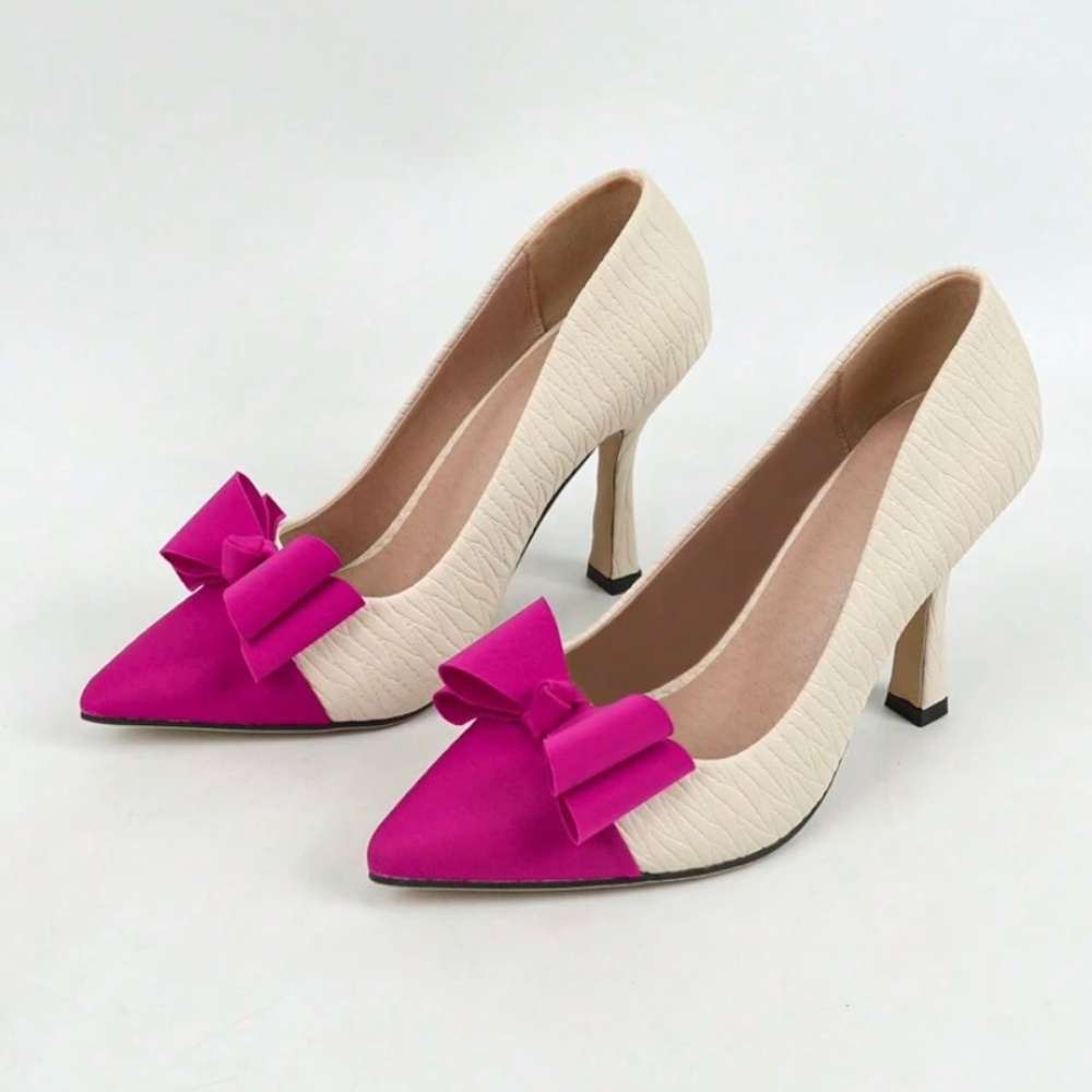 Women's High Heels, Pointed Toe, Thin Heel, White & Pink Color Block, Elegant